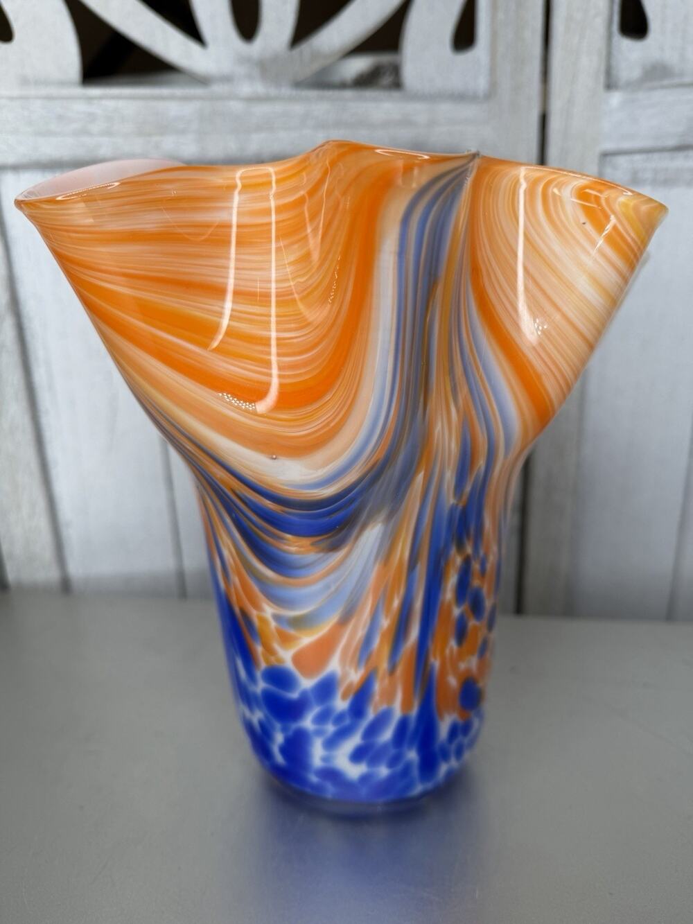 Vintage Vase Confetti Speckled Ruffled Edge Hand Blown Italian Glass Blue Orange